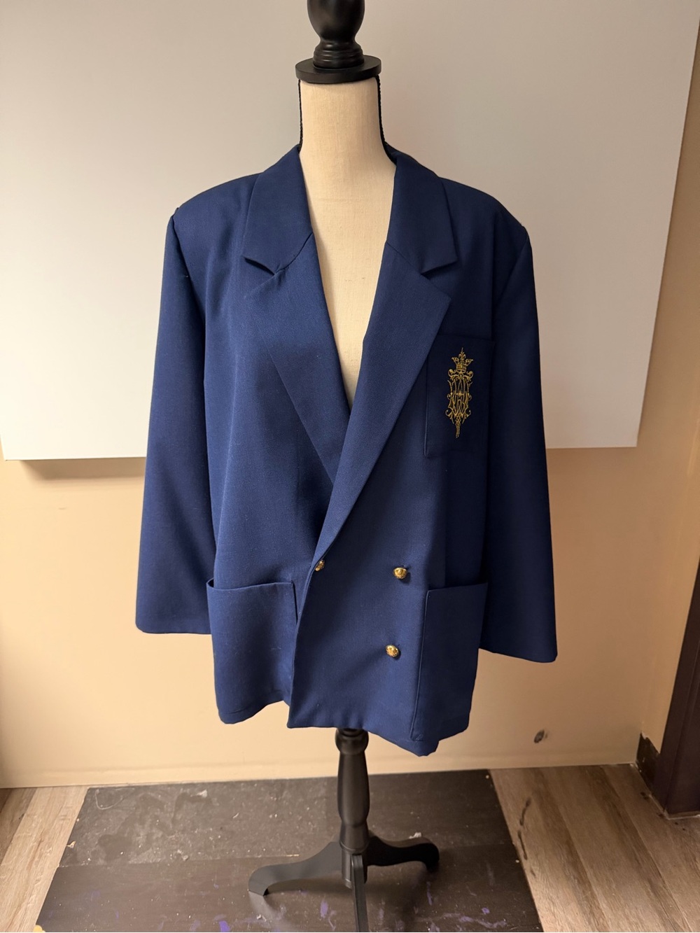 Navy Double-Breasted Blazer with Gold Crest